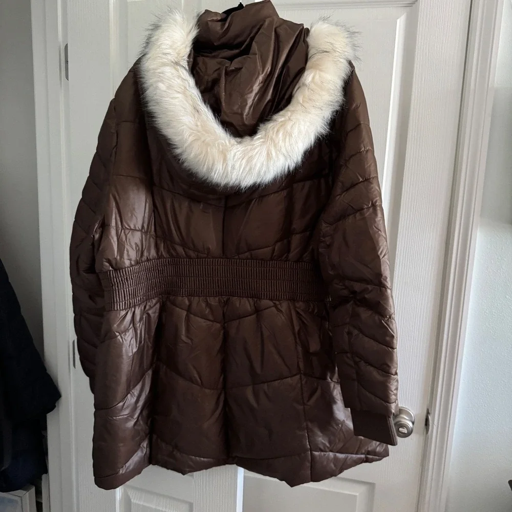 30 First Brown Puffer Parka Faux Fur Hood Cinched Waist Winter Coat Womens 3XL